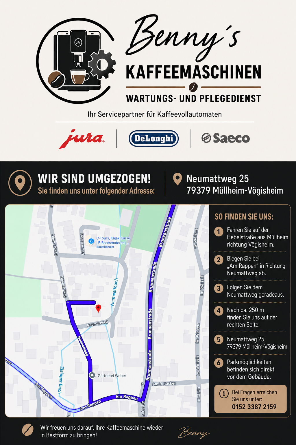 Hinweisschild neue Adresse und Anfahrt